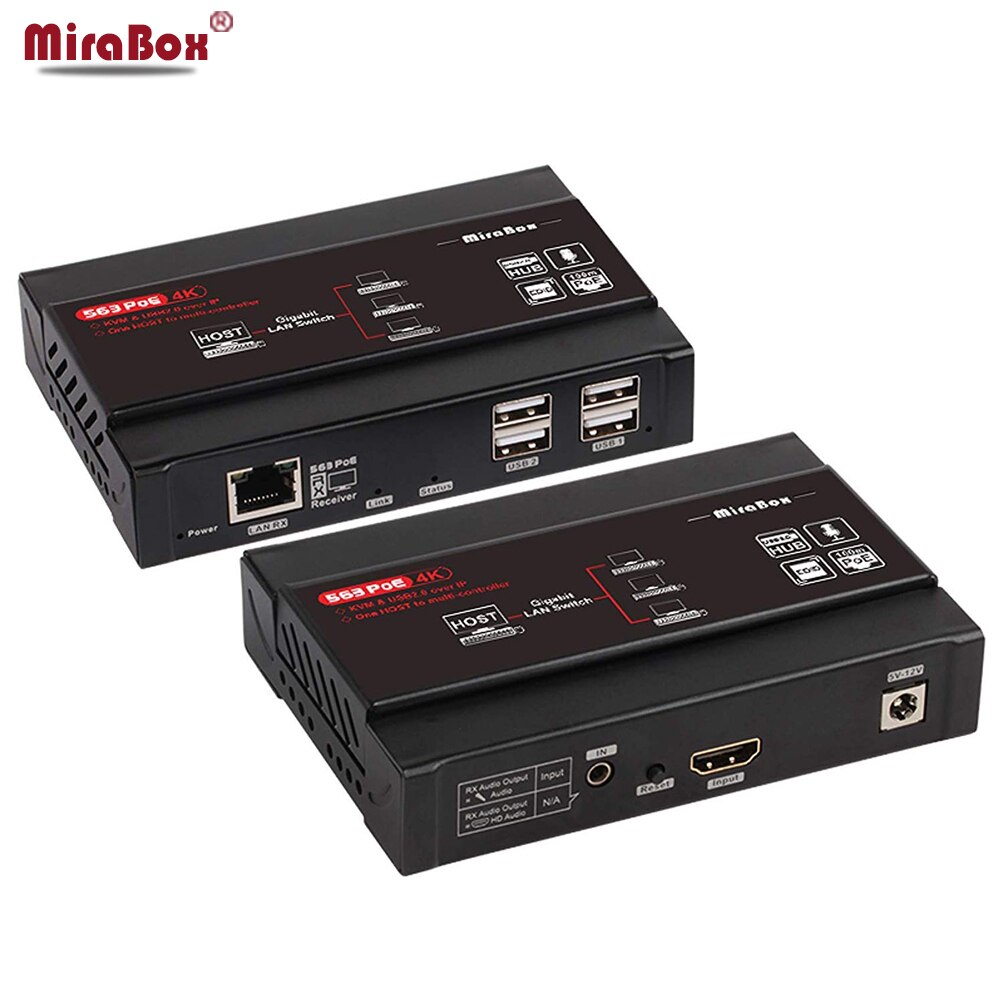 Mirabox 100m 4K KVM USB IP Cat5e Cat6 ͽٴ  802.3af POE, USB2.0 , 4K @ 30Hz 4:4:4,  <50ms